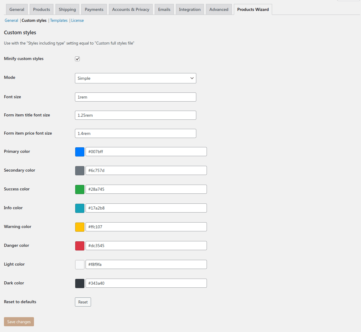 Custom styles settings page