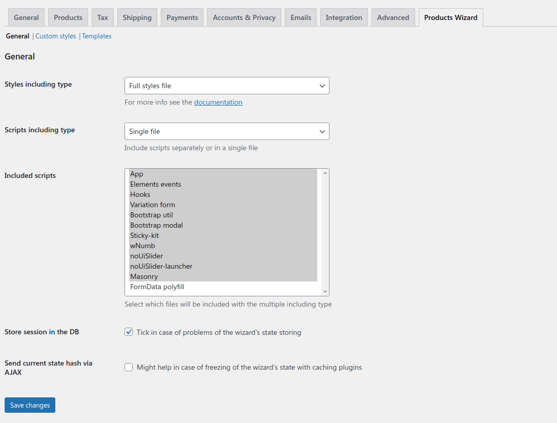 General settings page