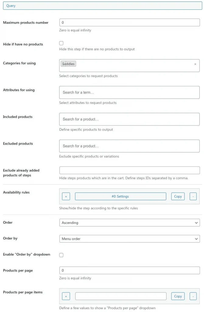 Products Wizard step query settings