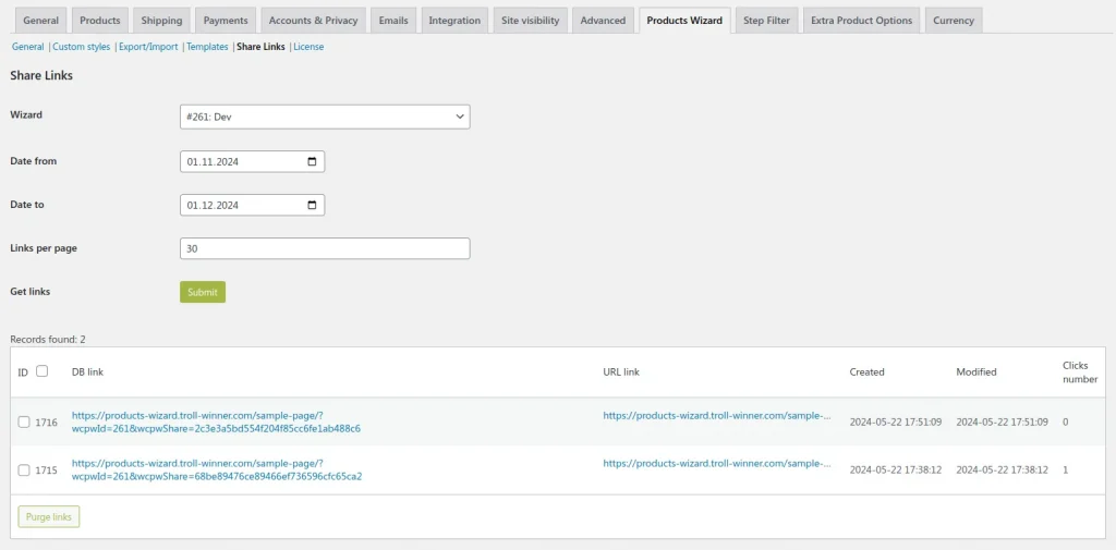 WooCommerce Products Wizard share links admin part